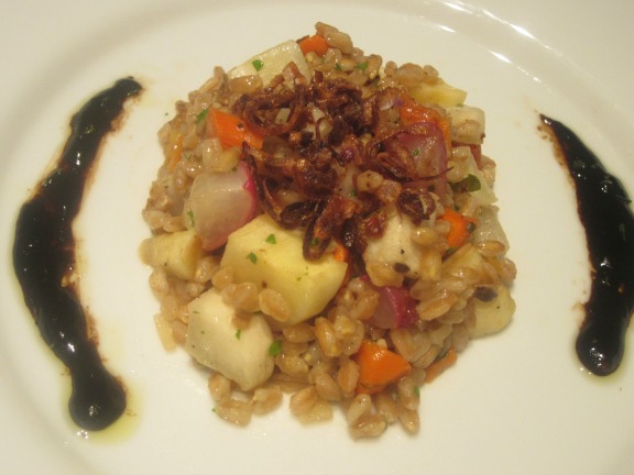 Warm Farro and Roasted Root Vegetable Salad with Fried Shallots and Balsamic Dressing Warm Farro Roasted Root Vegetable Salad